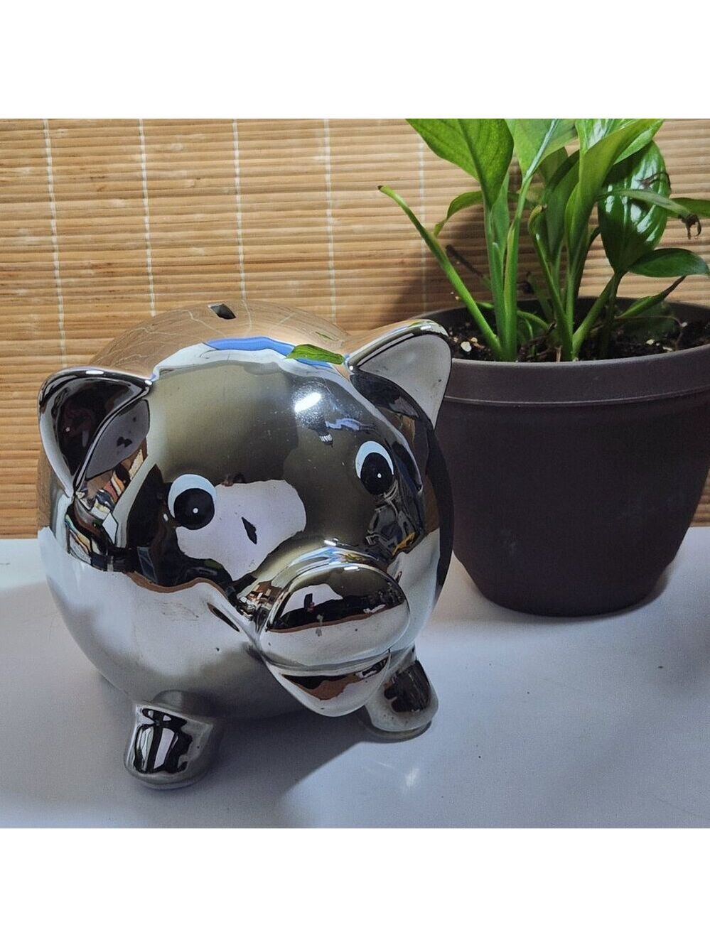 Silver Mirror Piggy Bank • Large Ceramic Coin Bank • Modern Chrome Decor